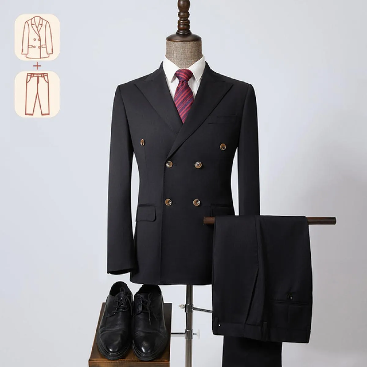 Abito da uomo a righe doppio petto Eleganza sartoriale di fascia alta 3 stili, adatto a uomini grandi e alti