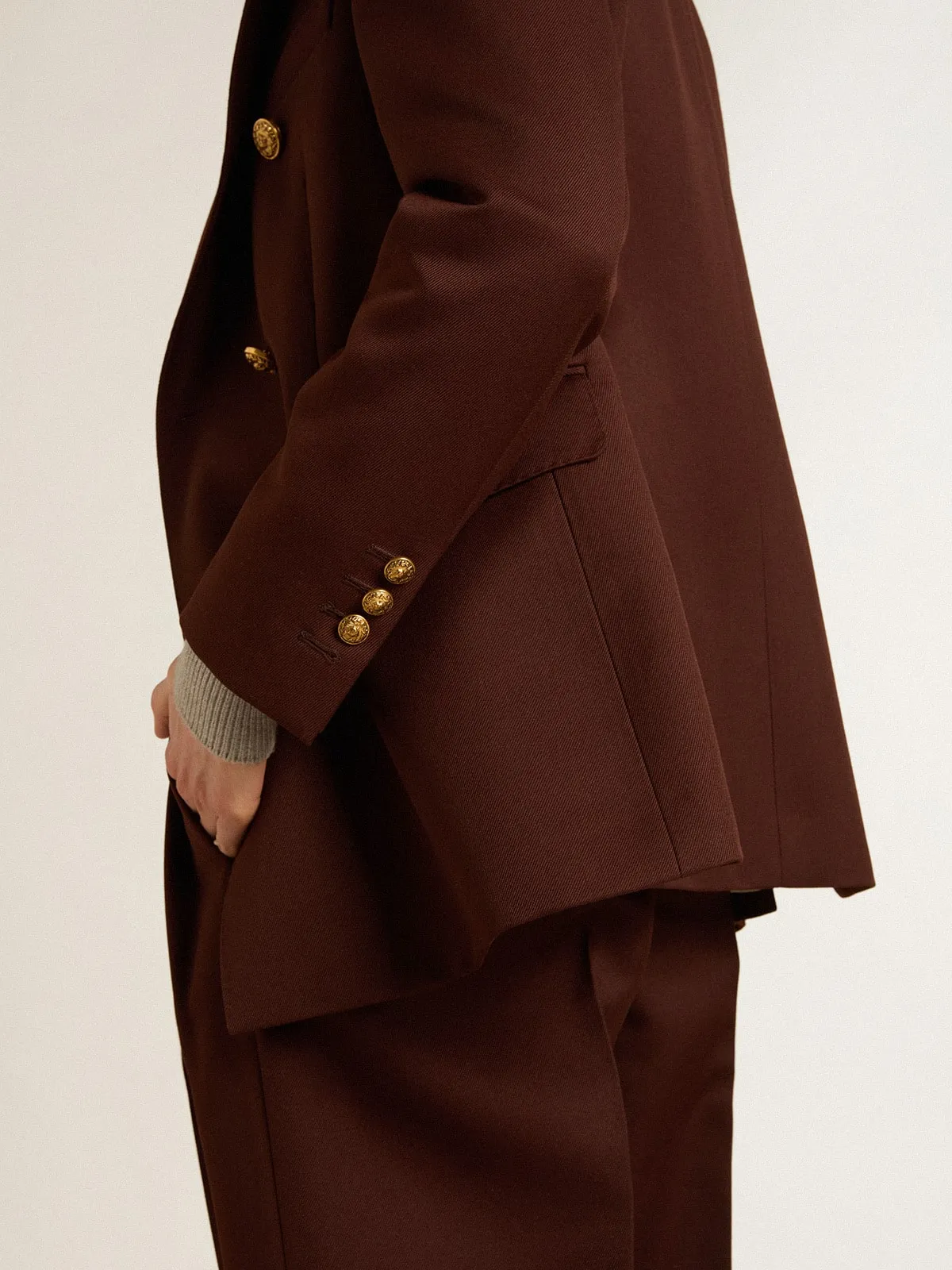 Blazer doppiopetto da donna in gabardine di lana color caffè