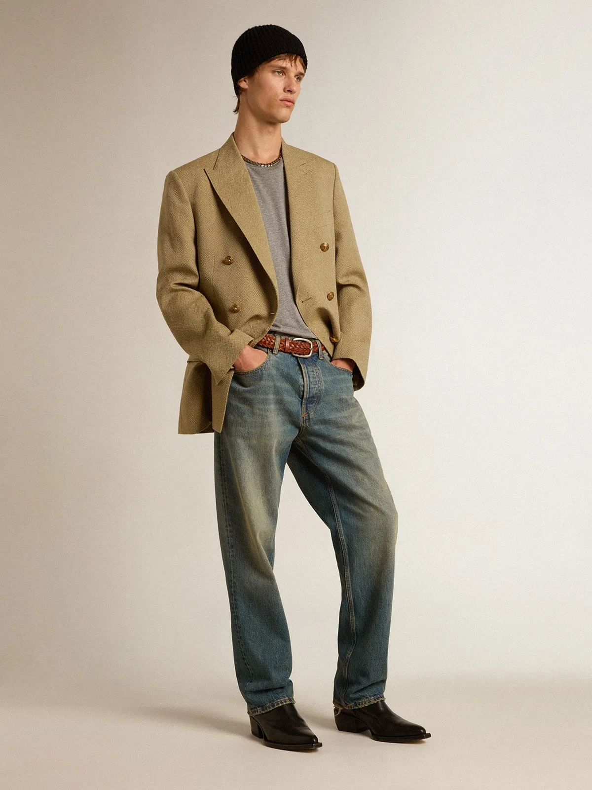 Blazer doppiopetto in lana da uomo di color faggio chiaro