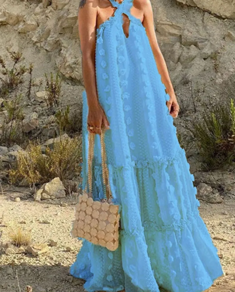 Chic Cross Cutout Off Spalla Abito da mare Donna Elegante design a fiore solido Abiti Moda senza maniche Torta allentata Dr