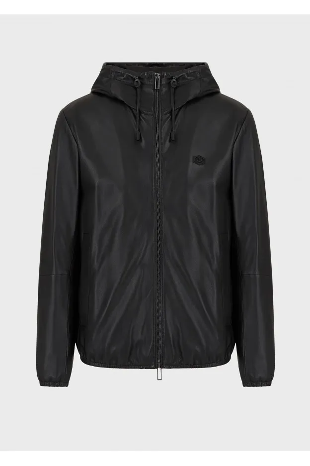   Emporio Armani     Emporio Armani Blouson full zip con cappuccio in nappa di agnello semianilina    