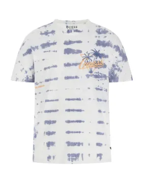T-shirt bianca mezza manica in fantasia a macchie indaco e logo con palme